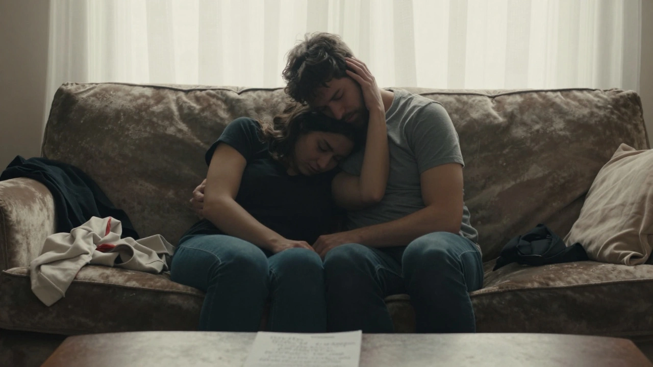 Two figures sit in silent comfort on a sofa, morning light revealing a moment of tender connection without faces shown.