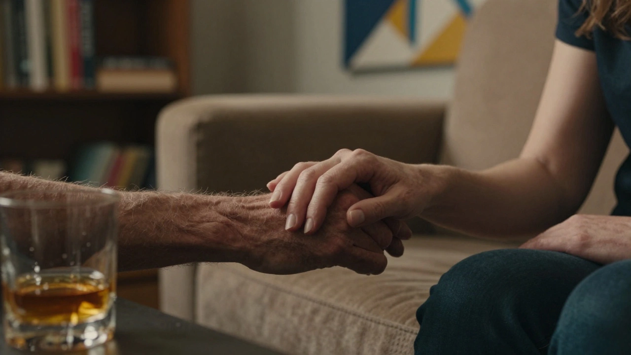 Two hands clasped in silent comfort on a sofa, conveying deep emotional connection without showing faces.