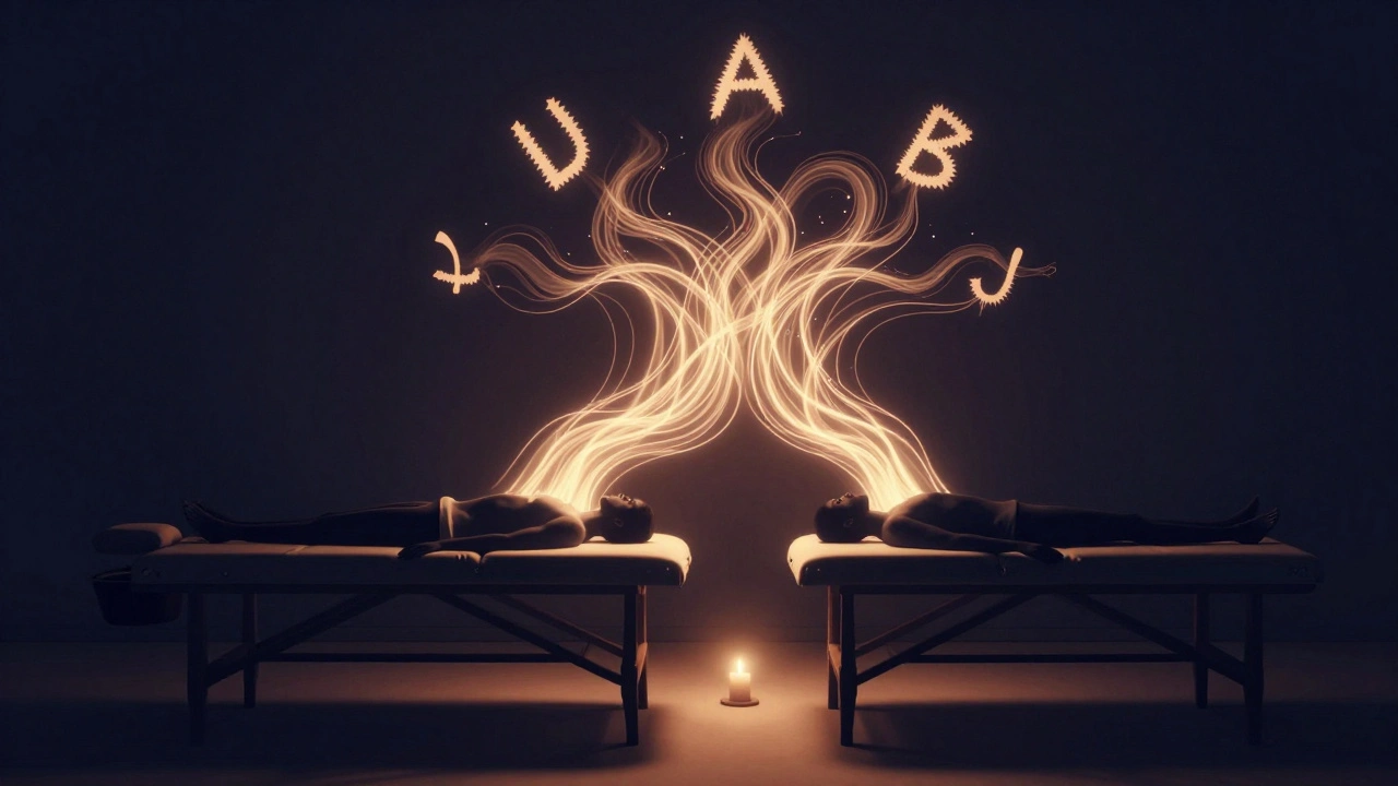 Two silhouettes merge into glowing light above massage tables, symbolizing emotional release and unity through touch.