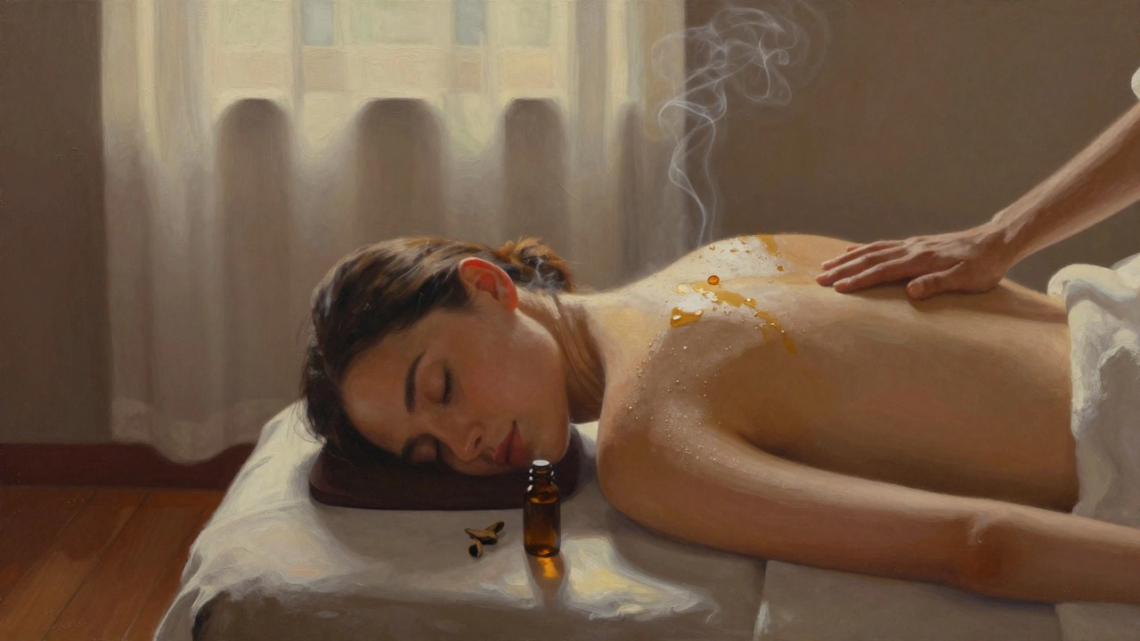 Woman on massage table with glowing oil on shoulders, sunlight streaming through curtains, serene expression.