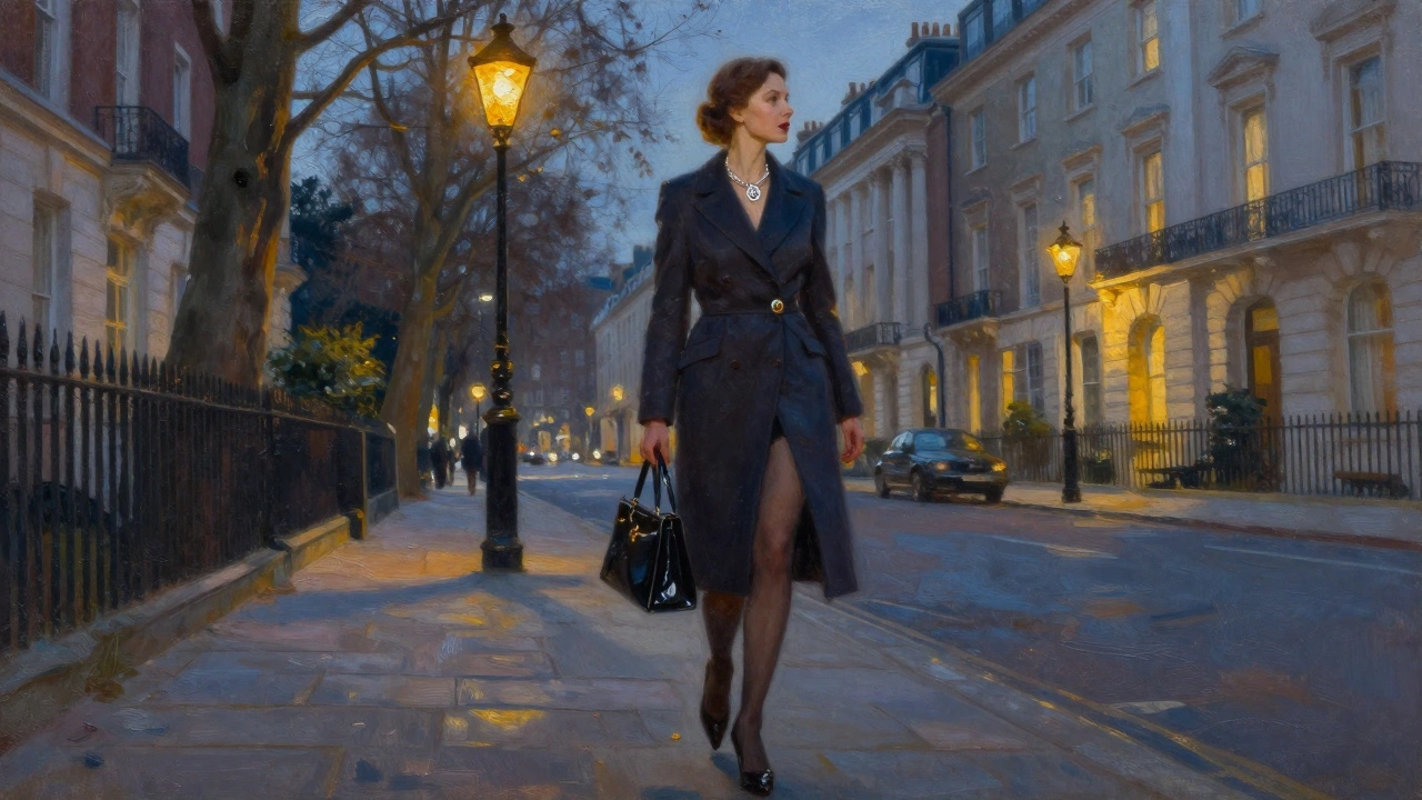 A confident Russian escort walks down a quiet Chelsea street at dusk, elegant and poised under streetlamp glow.