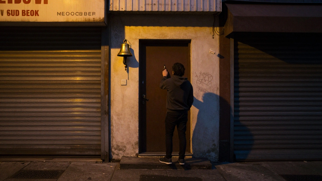 A discreet brass bell hangs beside a hidden door on Mare Street at dusk, no sign or name visible.