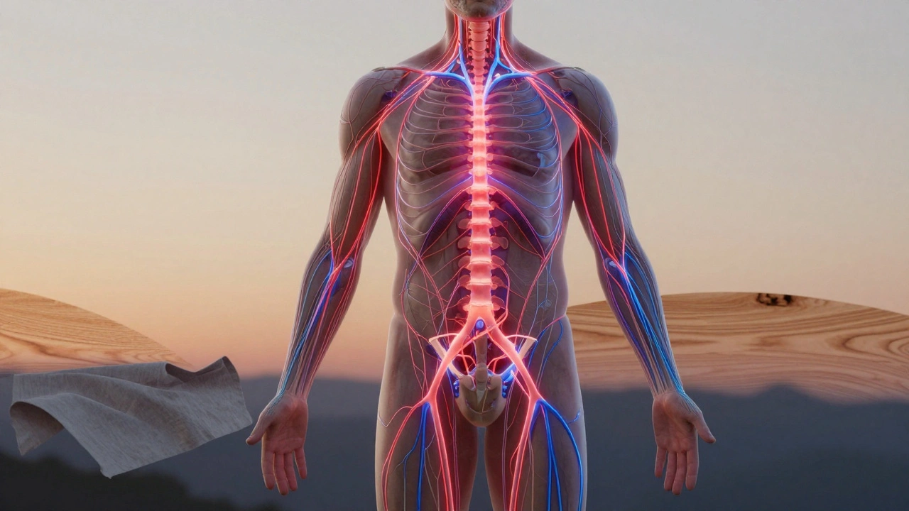 A glowing nervous system transforms from stress to calm under therapeutic pressure on a male torso.