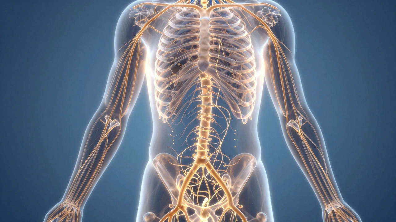 A glowing, translucent lymphatic system with golden fluid flowing rhythmically through the body's vessels.