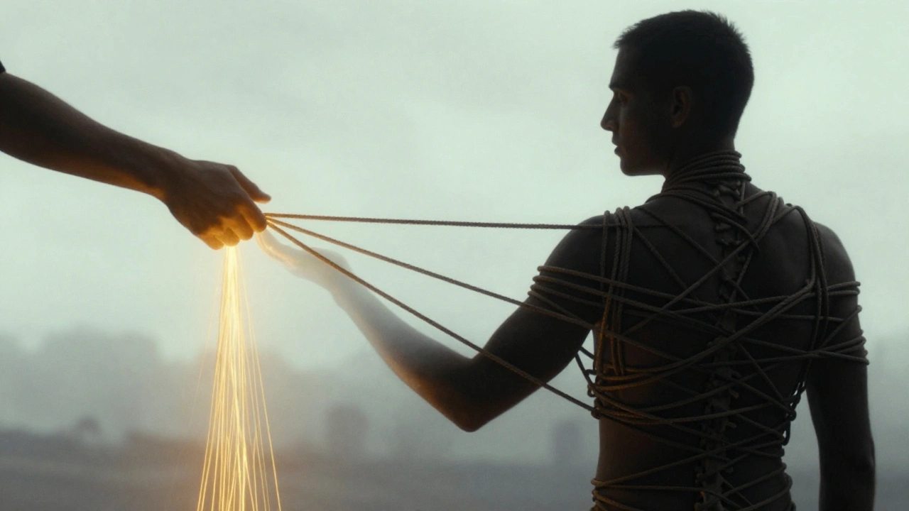 A human silhouette with tangled tension cords being unraveled into golden light by a therapist's hand.