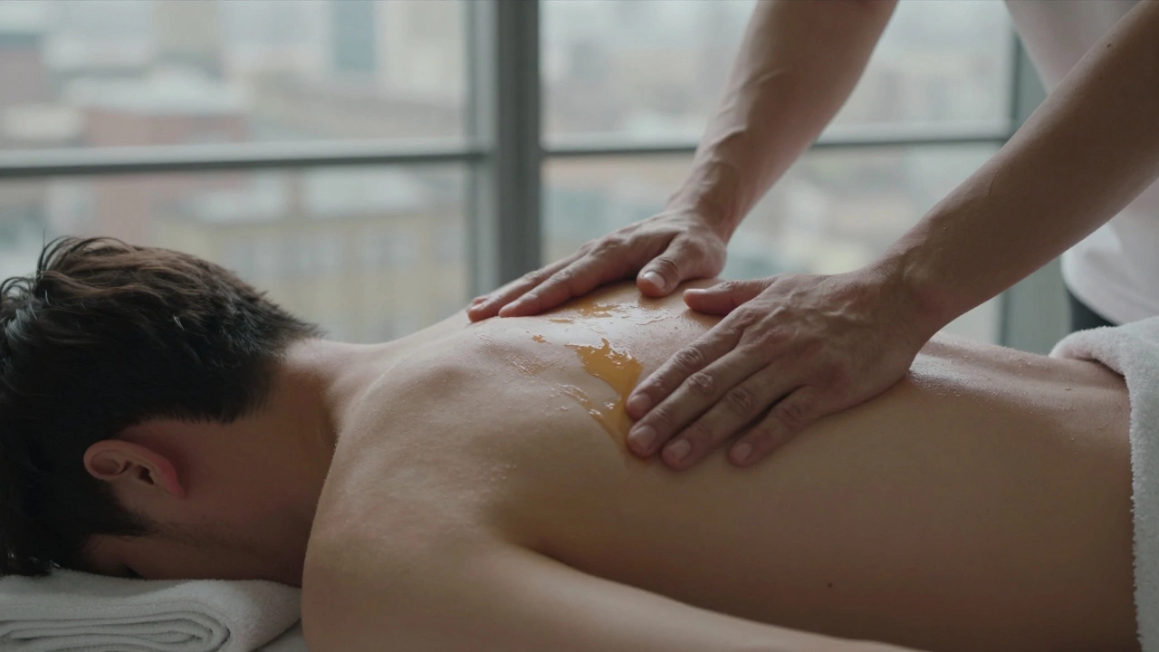 A man's back is being massaged with warm oil, muscles releasing under skilled hands in a quiet, private space.