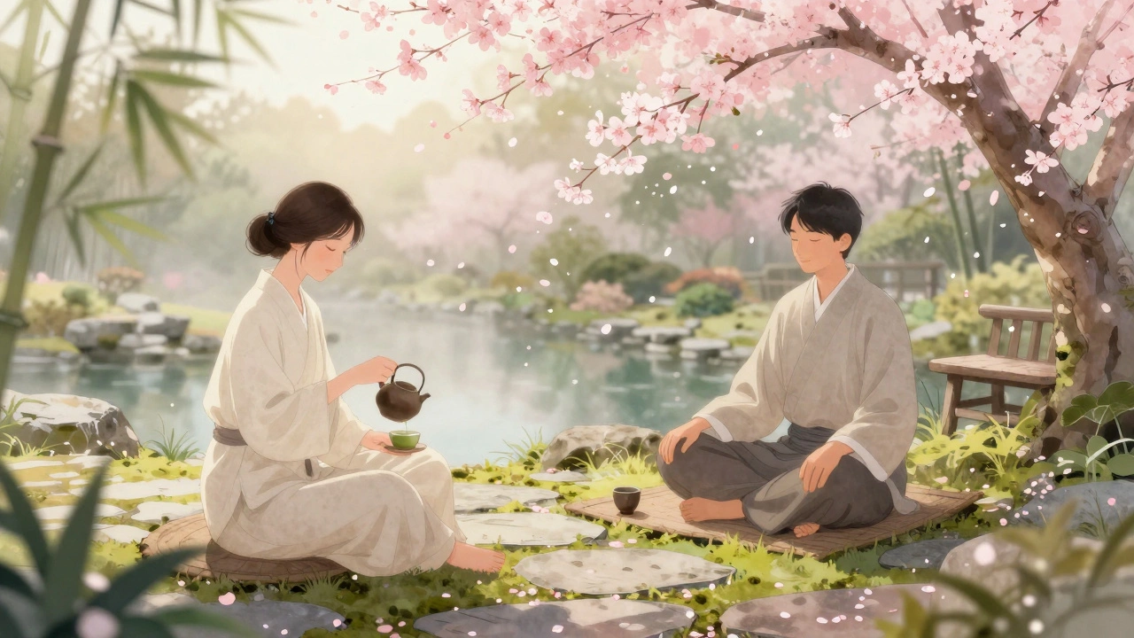 A man and woman sitting peacefully in a misty Japanese garden at dawn, barefoot on moss, tea being poured.