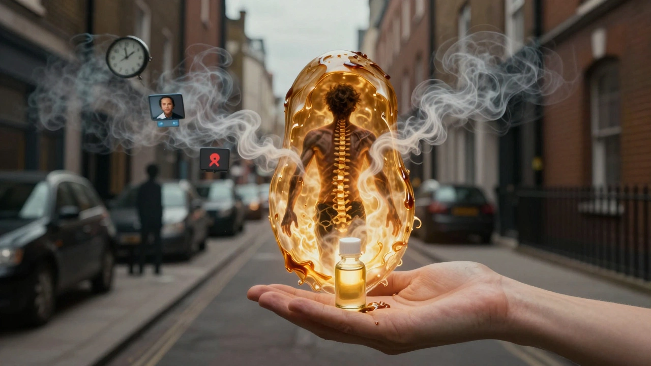 A man emerges from an oil-slicked cocoon, symbolizing emotional release and physical restoration in London.