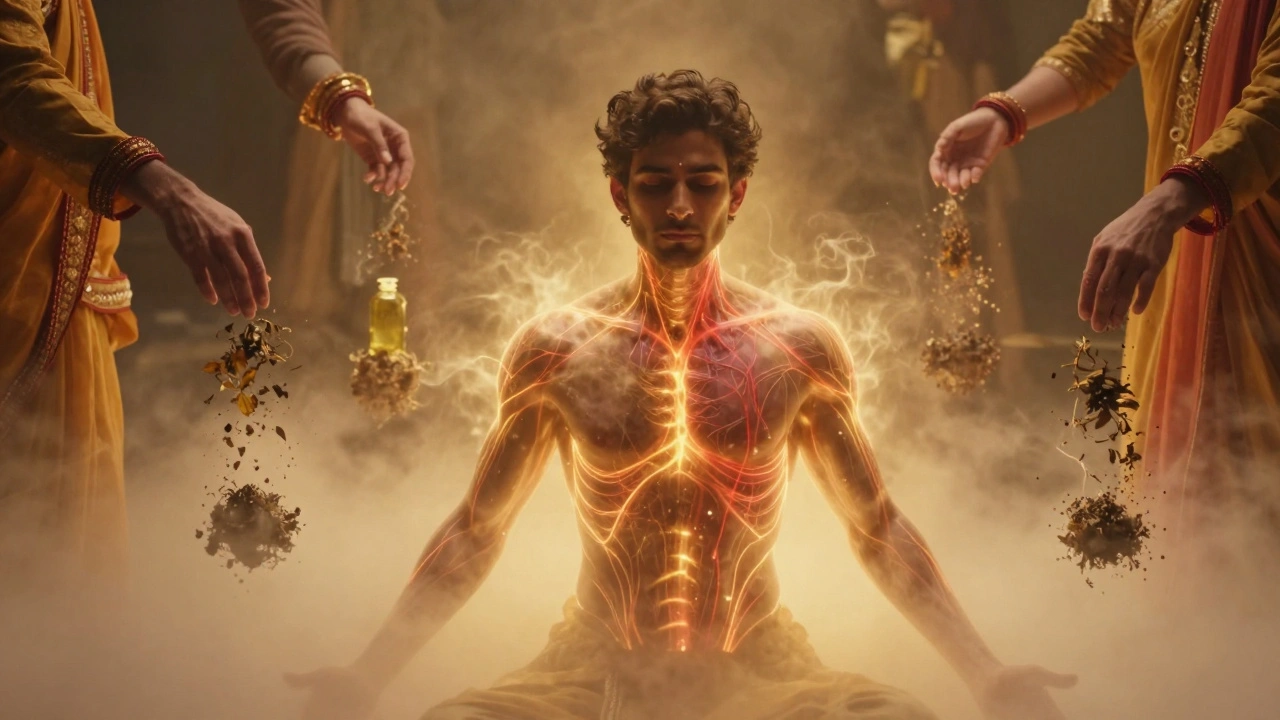 A man emerges from golden mist, symbolizing physical and emotional rebirth after an Indian massage.