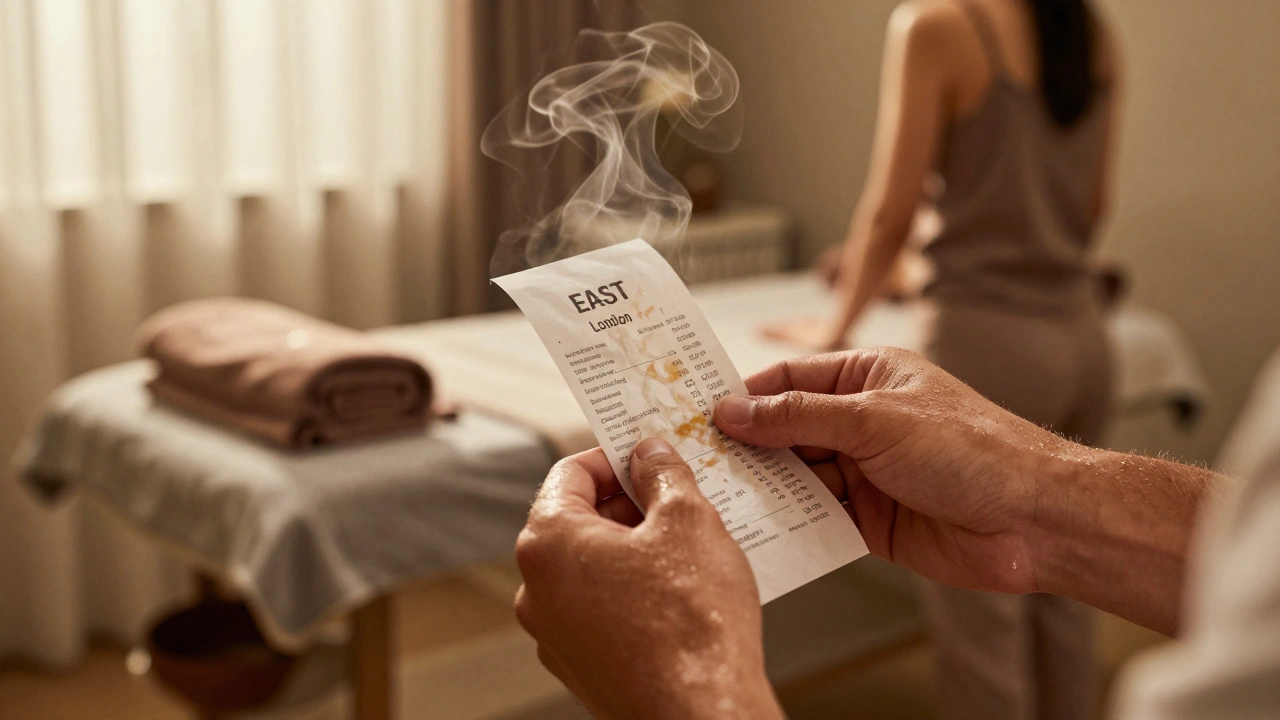 A man holds a used massage receipt, steam rising from a heated table in the background.
