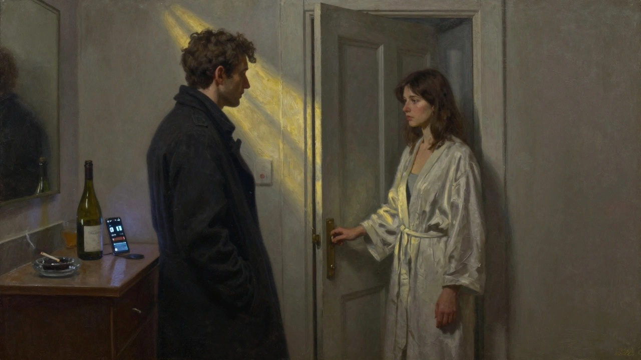 A man pauses at the doorway of an East London flat as a woman opens it, offering quiet acceptance without words.