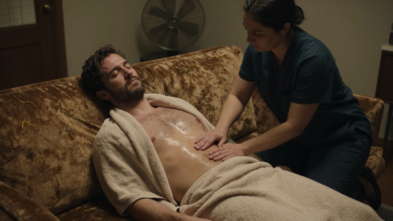 A man relaxes on a couch after a deep tissue massage, wrapped in a towel in a hidden London apartment.