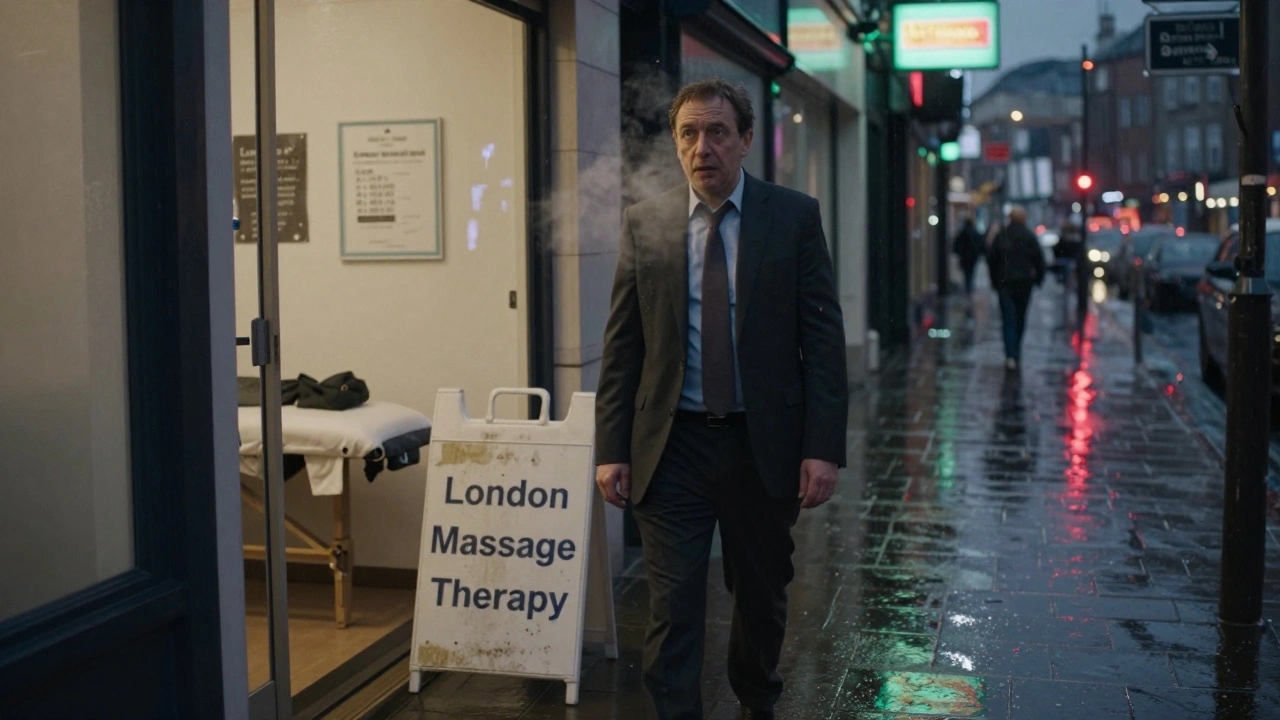 A man walks out of a Soho clinic after a massage, visibly more relaxed, stepping into a rainy London evening with improved posture.