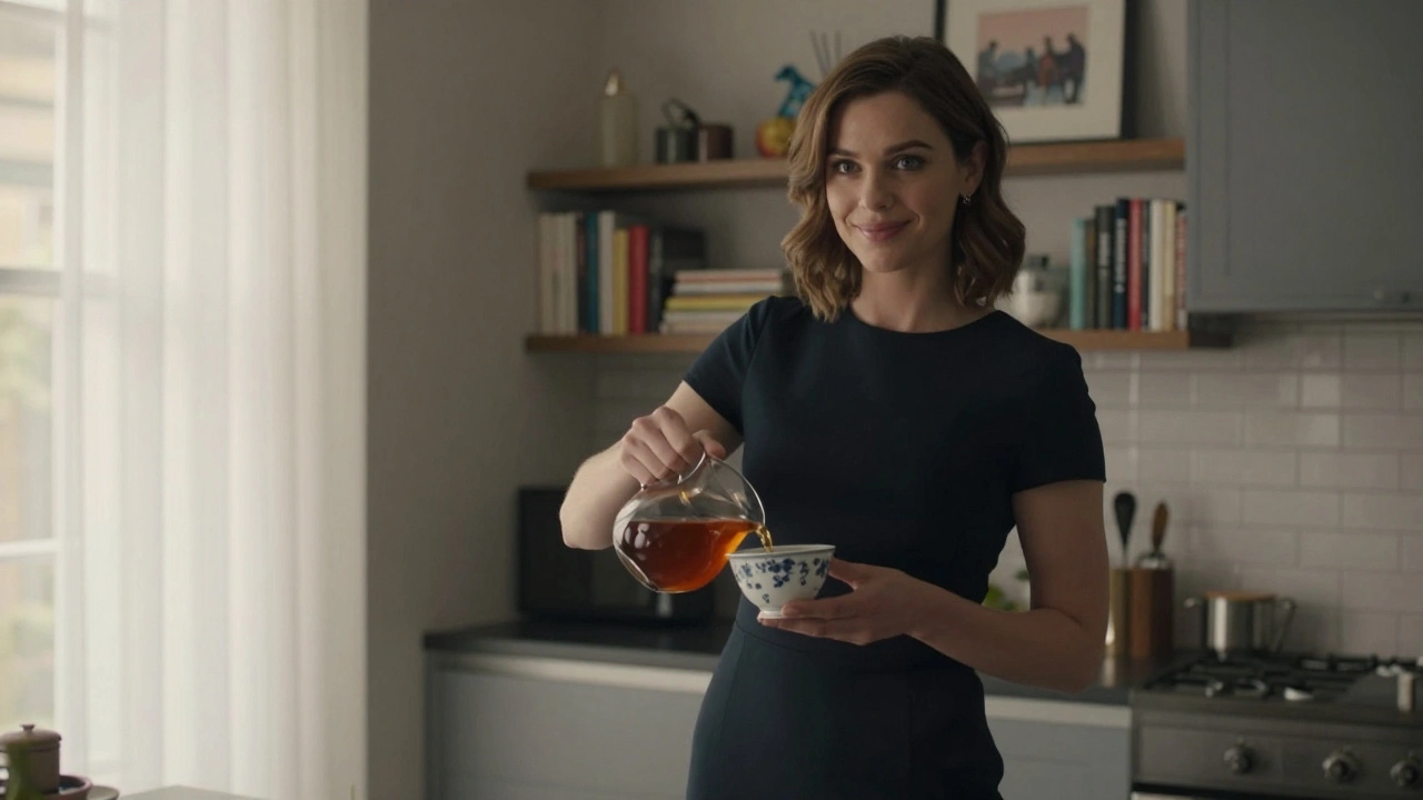 A poised British woman in a black dress pouring tea in a stylish apartment, surrounded by books and natural light.