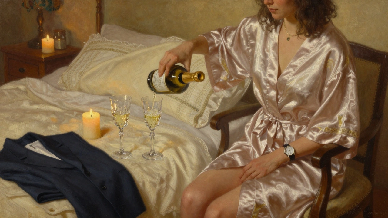 A serene bedroom with Prosecco, candles, and luxury linens, hinting at intimate connection.