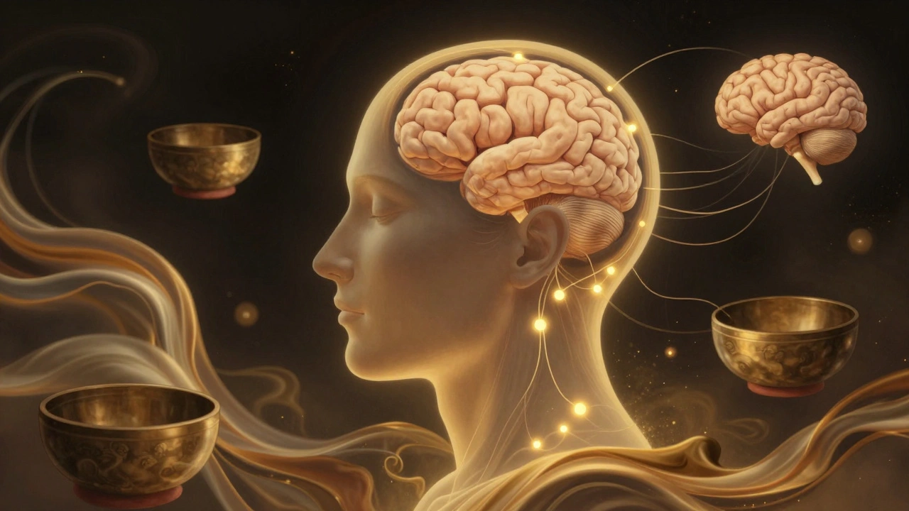 A surreal depiction of a head releasing golden light waves from pressure points, symbolizing stress relief.