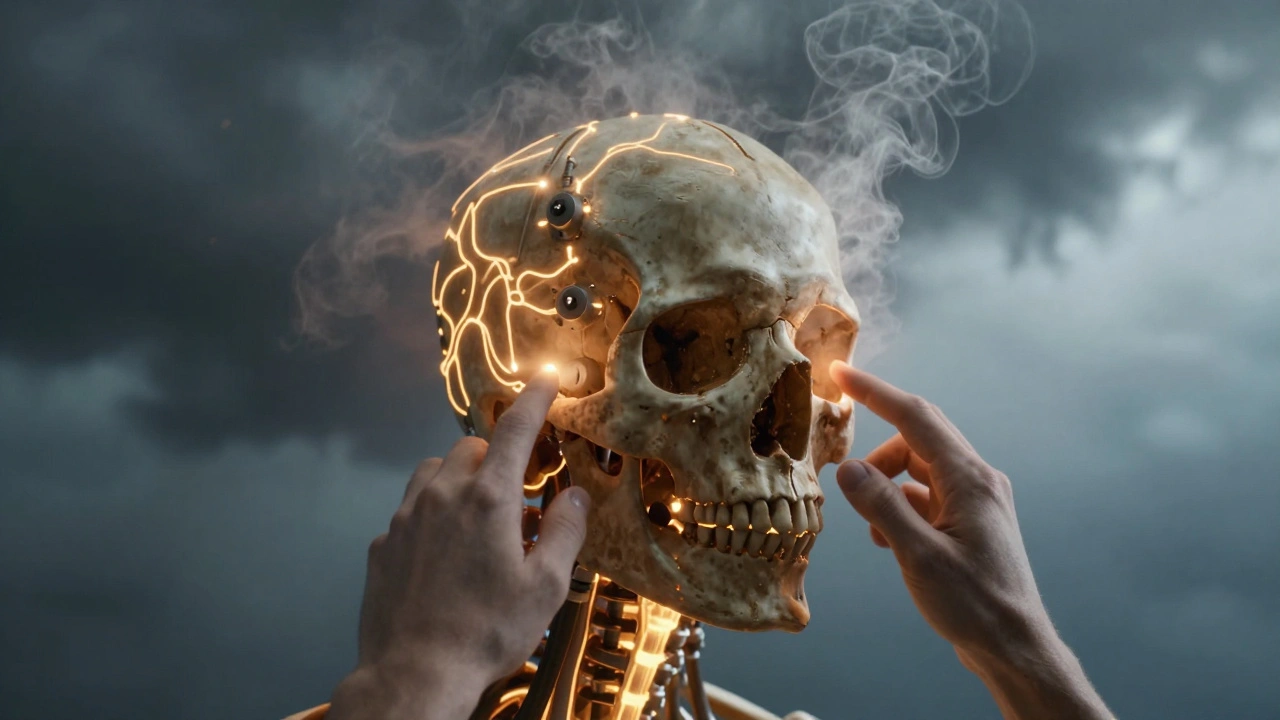 A surreal depiction of a skull with glowing neural pathways releasing tension as hands apply pressure.