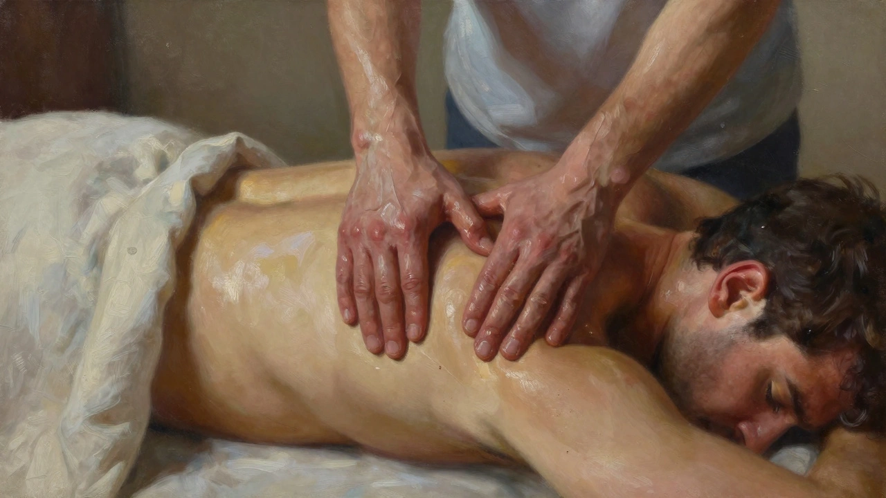 A therapist's hands working deeply into a man's back and hip, oil glistening on skin as he releases tension.