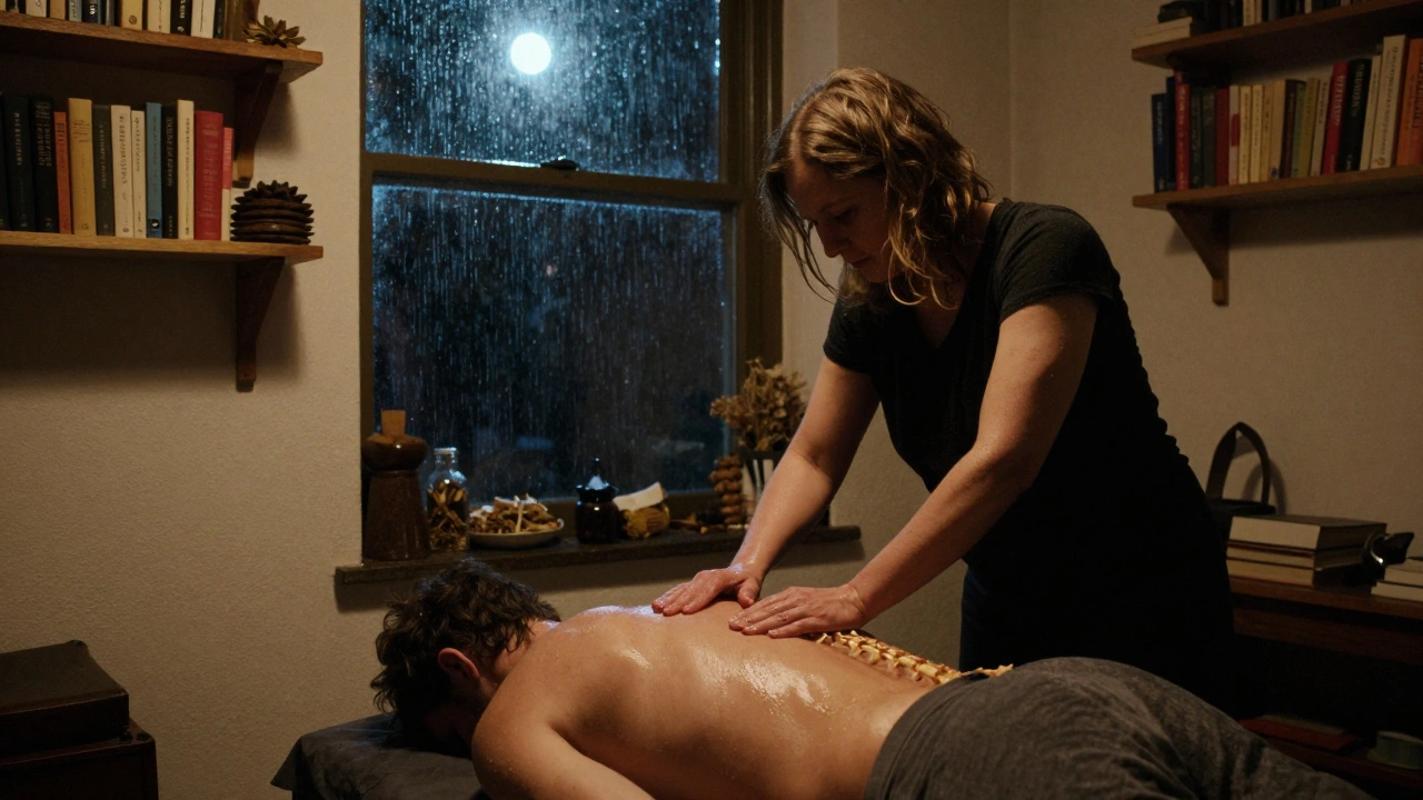 A therapist applying precise pressure in a modest studio, moonlight through rain-streaked windows, focus on touch and healing.