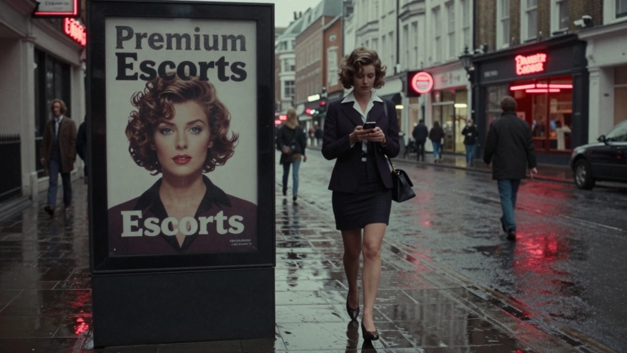 A woman walks past a glossy escort billboard in rainy London, her real reflection visible in a puddle.