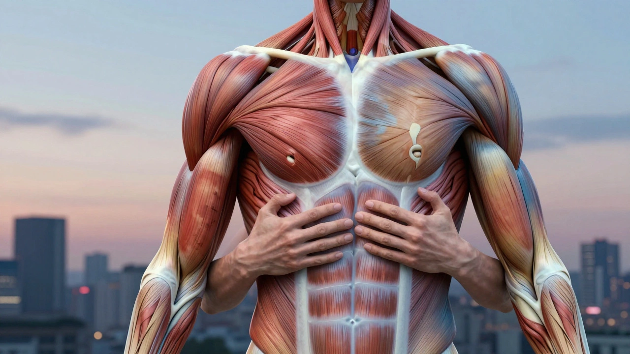 Abstract visualization of muscle layers releasing tension with color transformation.