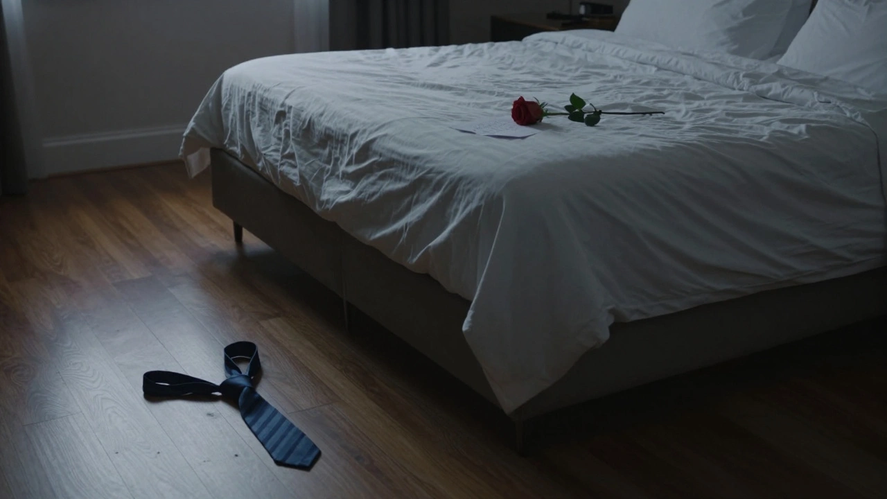 An empty hotel bed at dawn with a rose and note, morning light casting a serene, reflective mood.