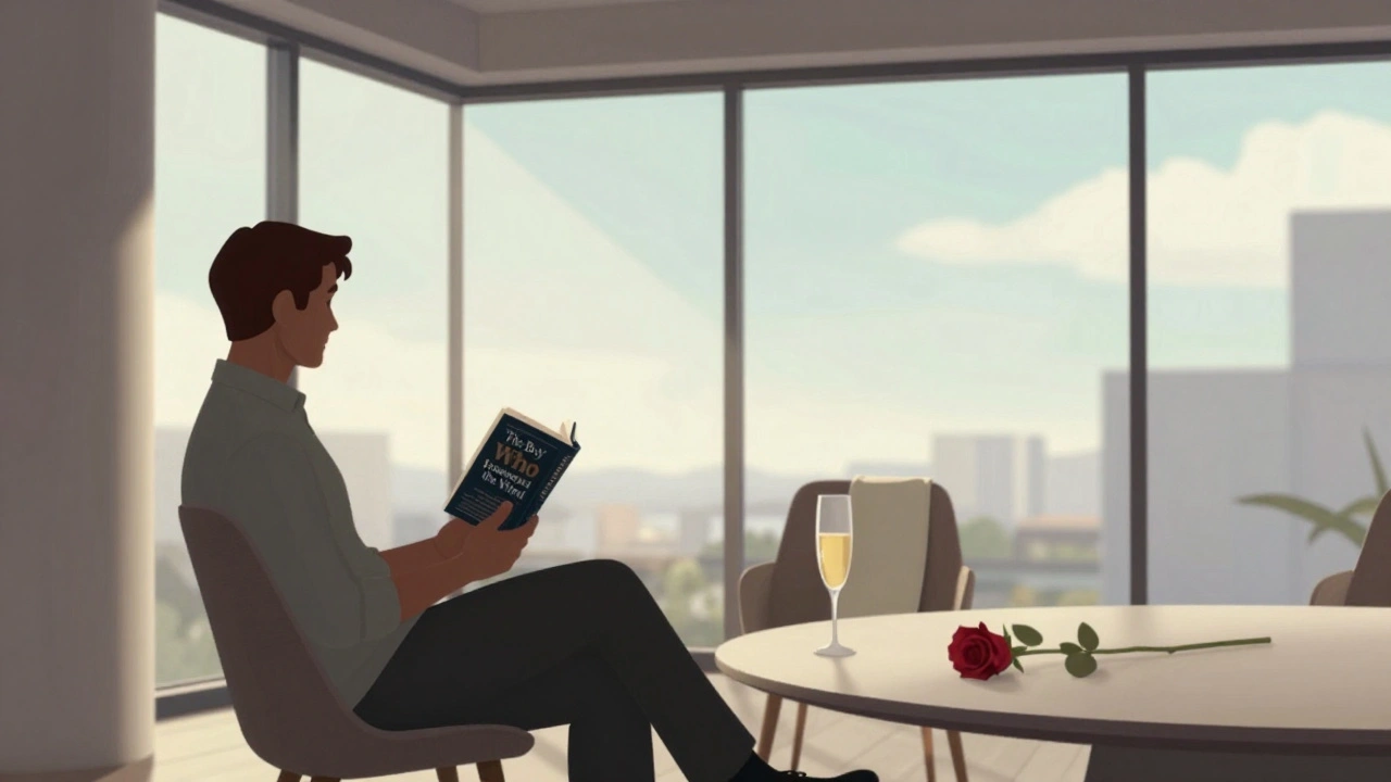 An empty penthouse chair with a folded sheet and champagne glass, symbolizing a moment of emotional connection.