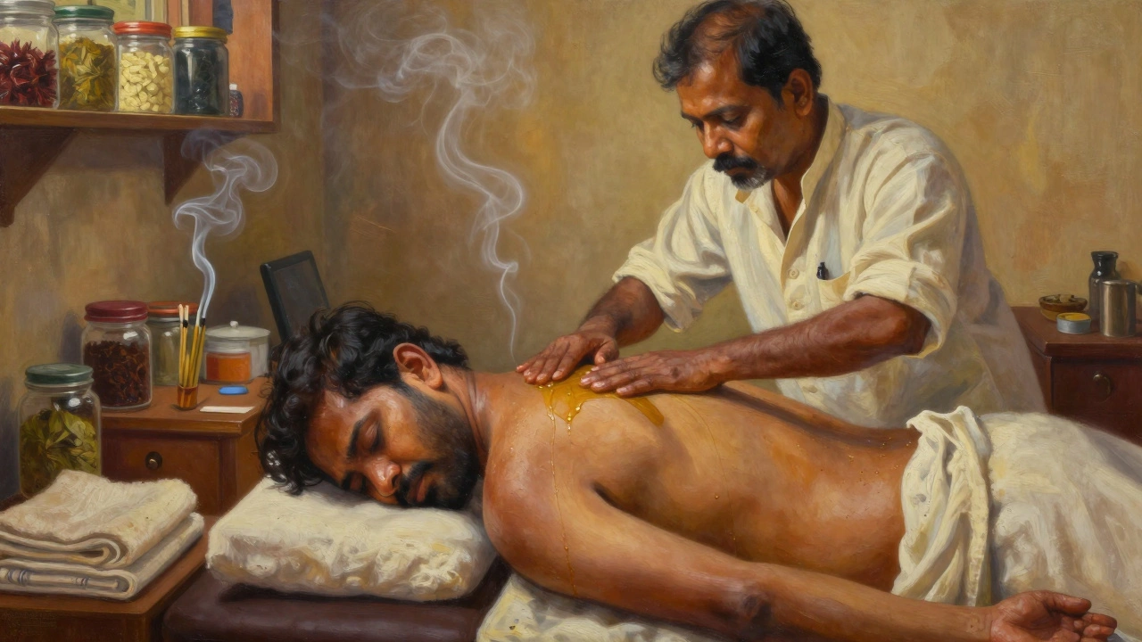 An Indian therapist works on a client's shoulders with herbal oil in a quiet flat above a shop in Southall.
