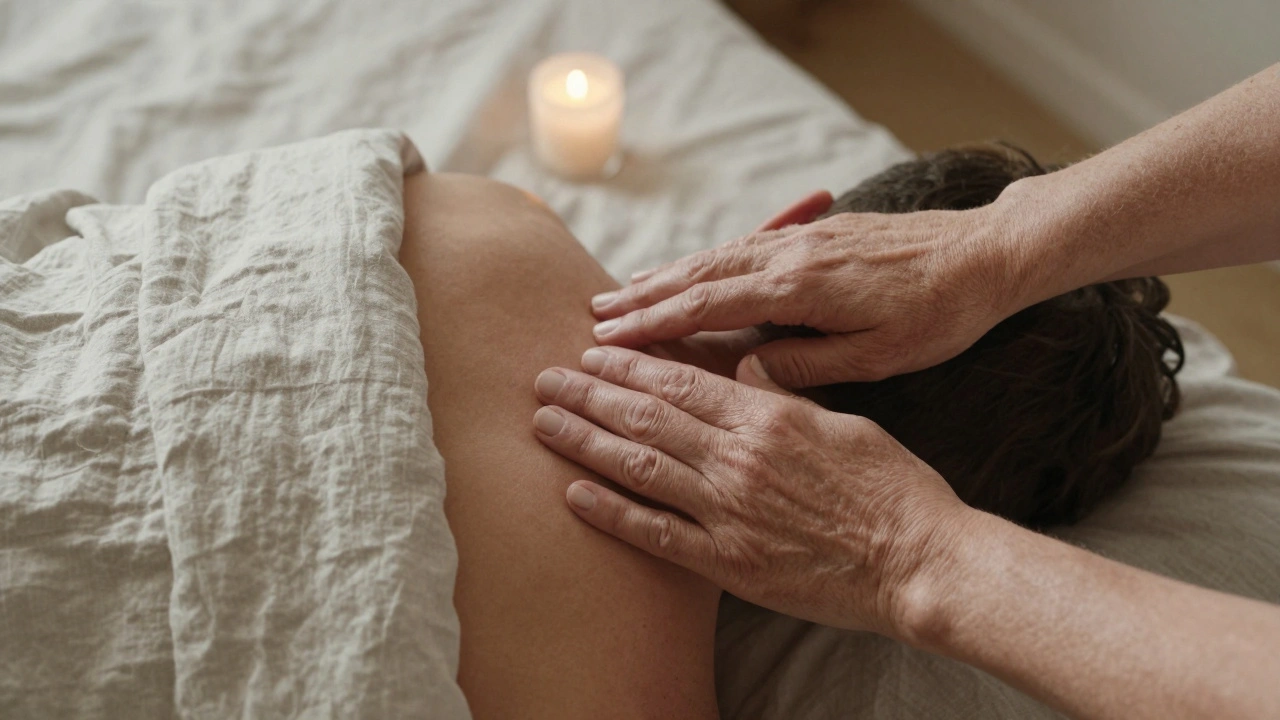 An older woman's hands gently touching a man's neck on a bed, intimate, non-sexual moment of care and presence, warm lighting.