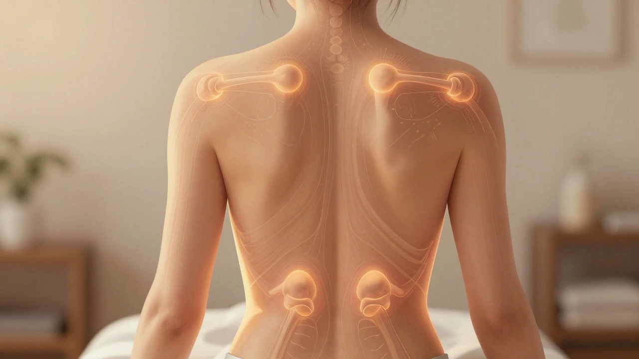Anatomical illustration of pressure points glowing on a human back with motion lines.