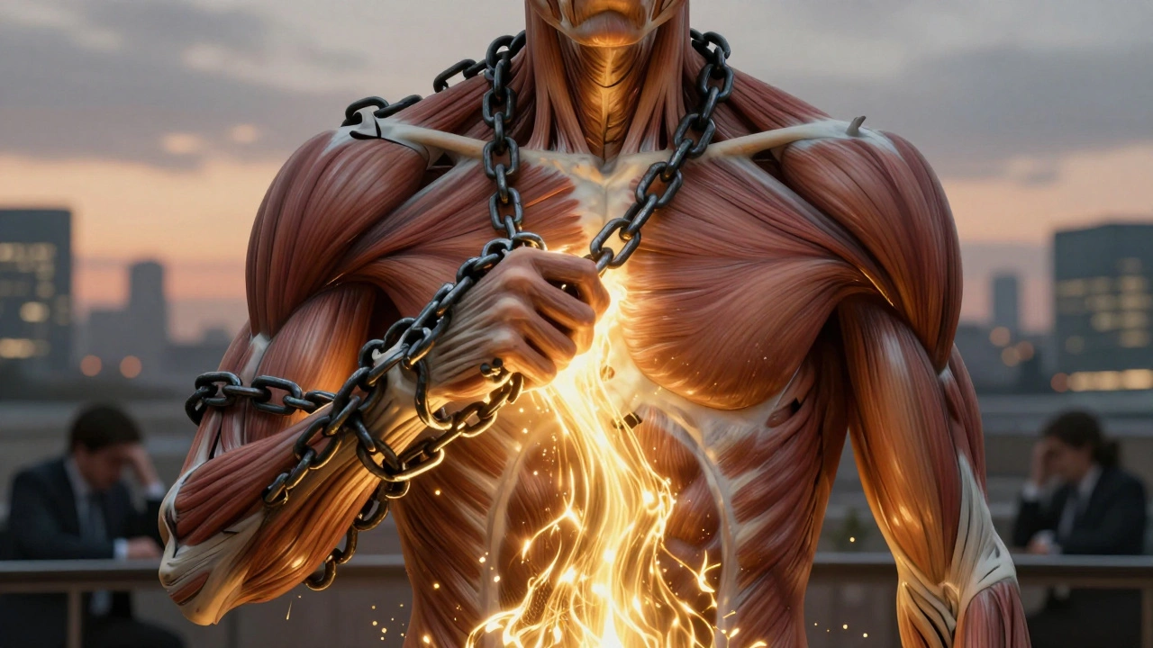 Anatomical illustration showing tension chains breaking into golden light within a human torso, symbolizing physical release and renewal.