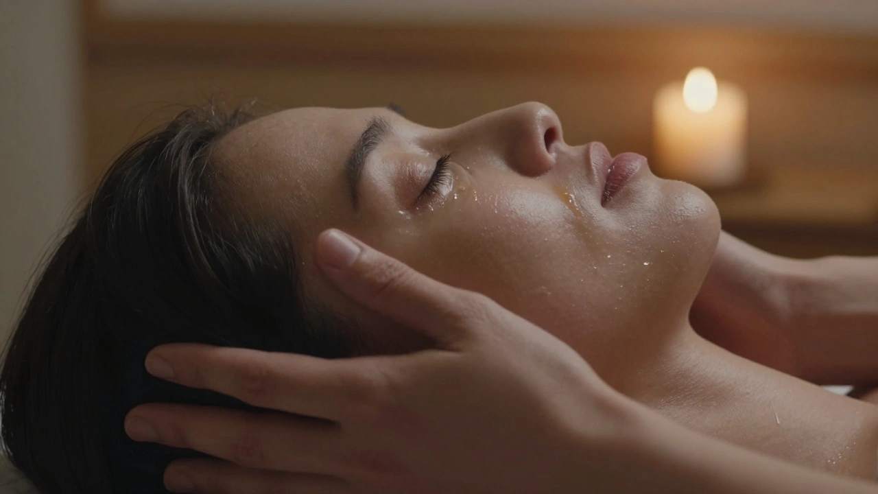 Close-up of a therapist’s hand cradling a head during massage, oil glistening, tears on closed eyes.