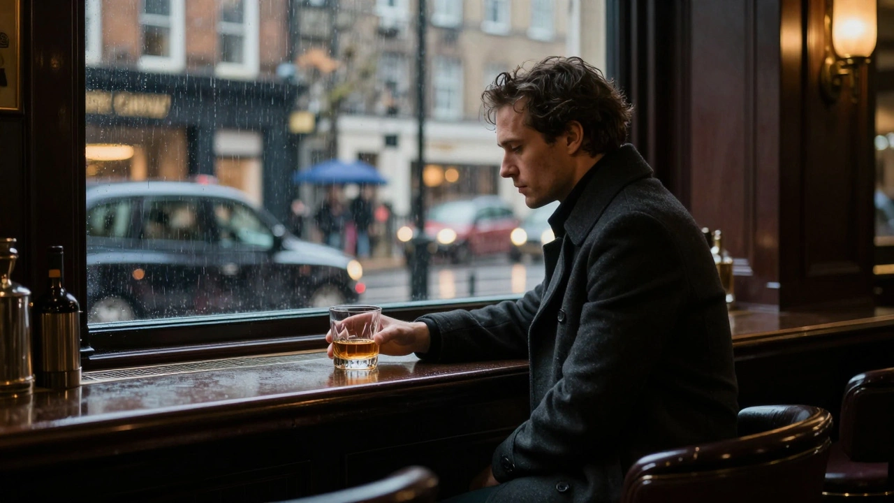 Man alone at a upscale London bar on a rainy Tuesday night, awaiting a meaningful encounter.