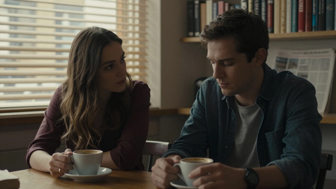 Man and woman in a quiet Fulham café, sharing a silent, emotionally charged moment.
