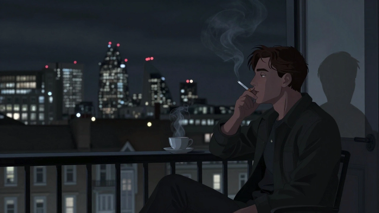 Man on balcony at night smoking, gazing at London skyline, teacup beside him, quiet reflection.