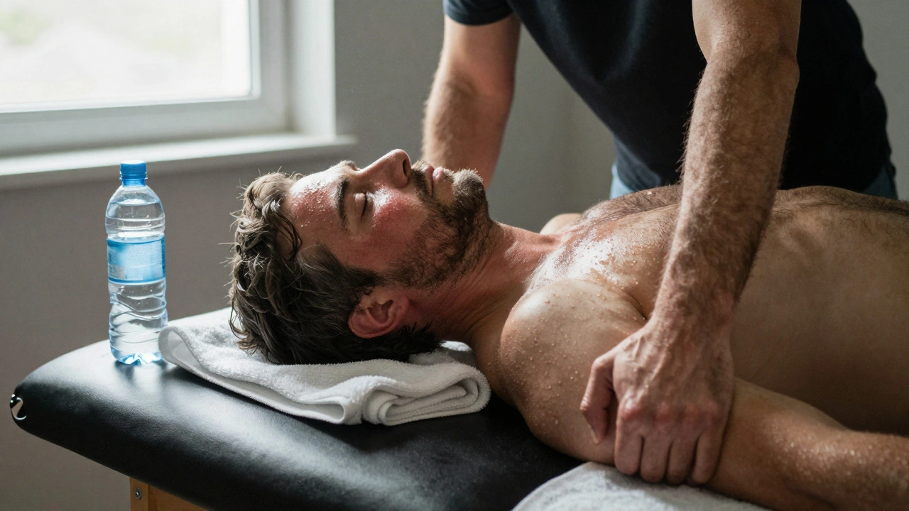 Man resting after a deep tissue massage, face showing relief and exhaustion.