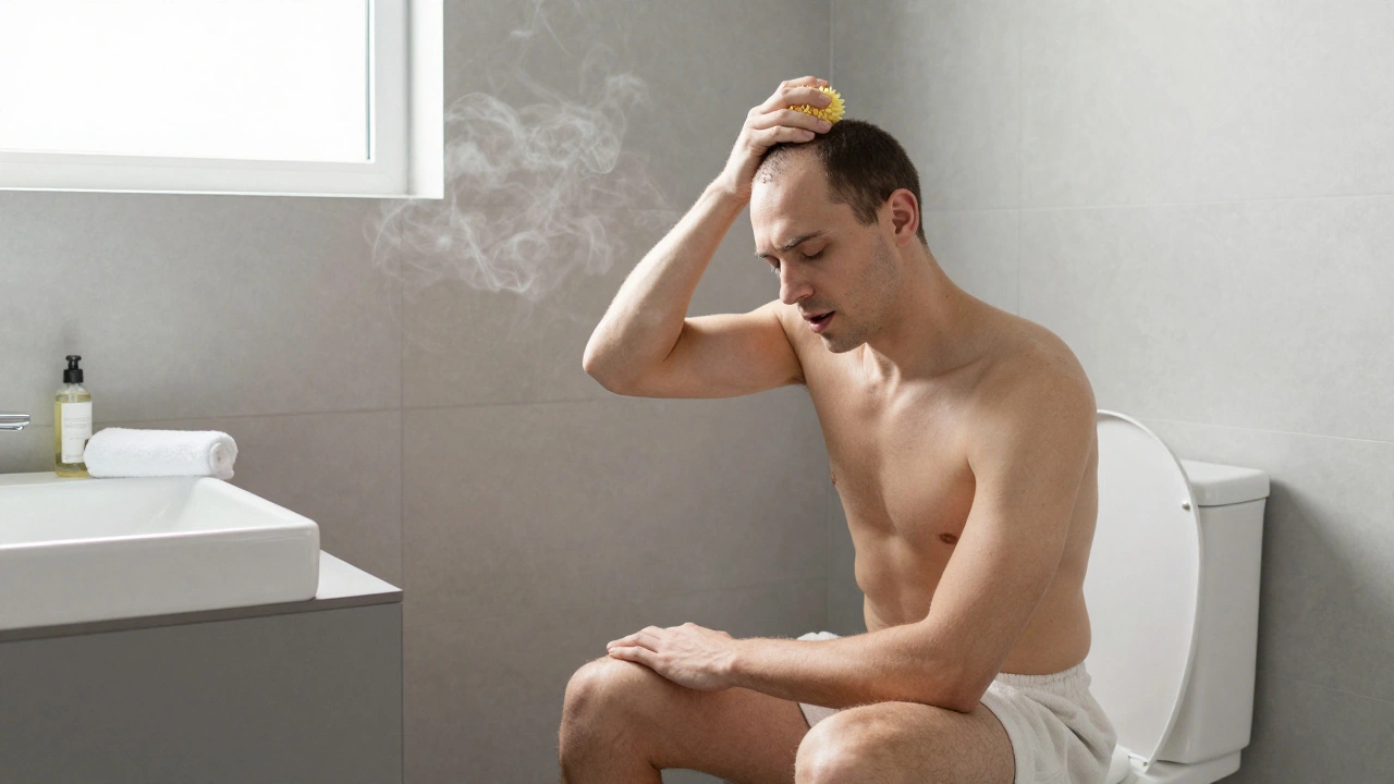 Man using a massage ball on his scalp while sitting on the toilet in a steamy bathroom.