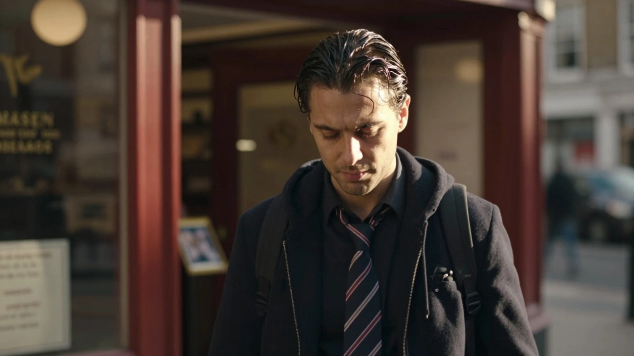 Man walking out of a salon with oily hair and a peaceful expression, tie and hoodie contrasting his calm state.