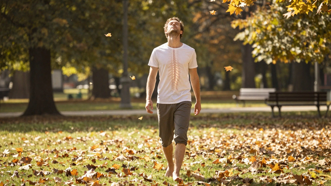 Man walking peacefully in a sunlit park after massage, shoulders relaxed, eyes closed.