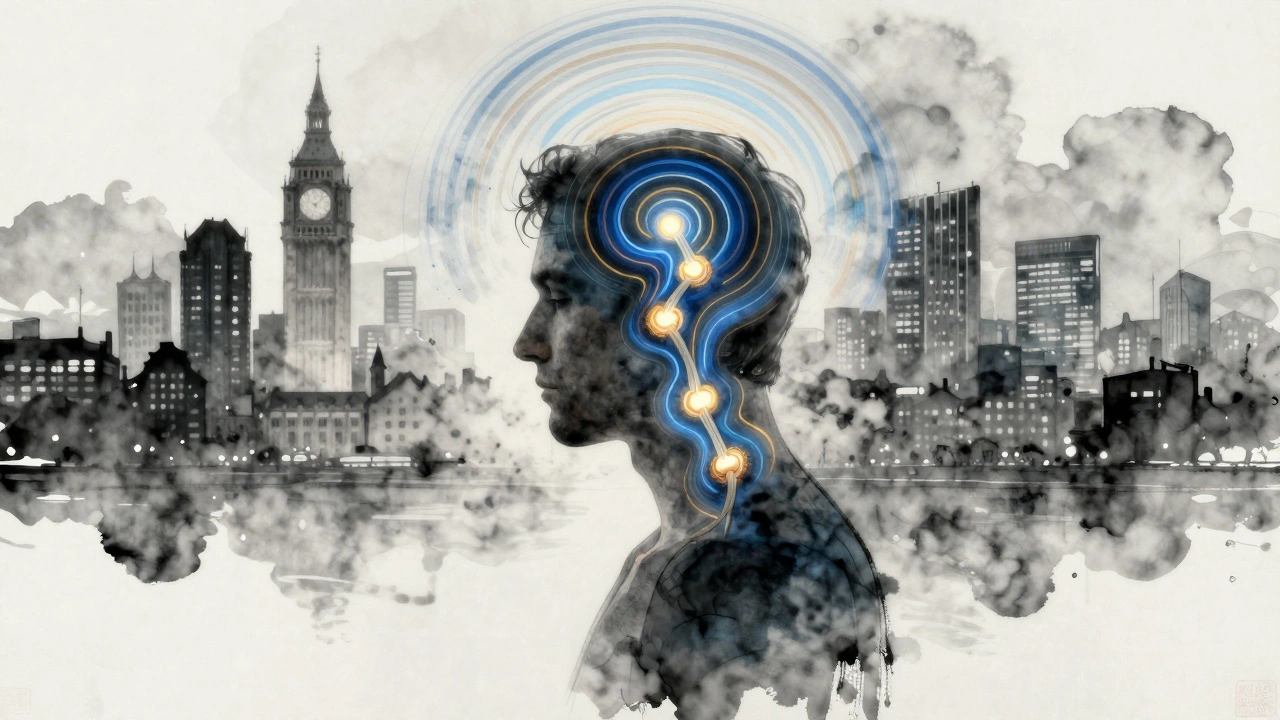 Silhouette of a man radiating calm energy during a head massage as London's chaos fades behind him.