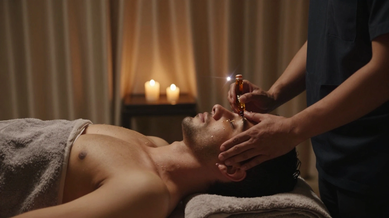 Therapist performing Indian head massage on reclining man in a candlelit spa room.