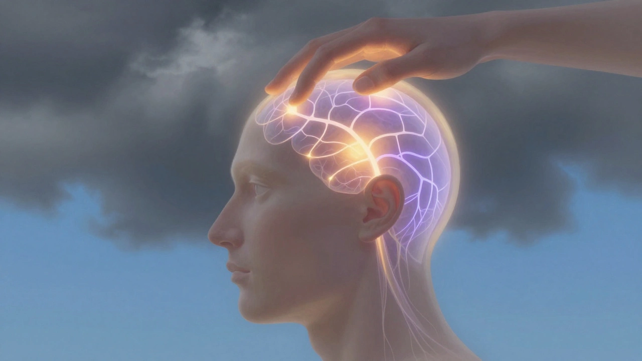 Translucent head with glowing neural pathways responding to gentle finger pressure, stress dissolving into calm.