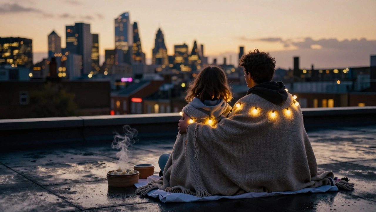 Two people wrapped in a blanket on a rooftop, watching a movie under string lights with London's skyline behind them.
