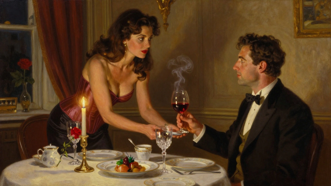 A candlelit dinner in a penthouse with a curvaceous woman serving wine to a man, glowing amber light.