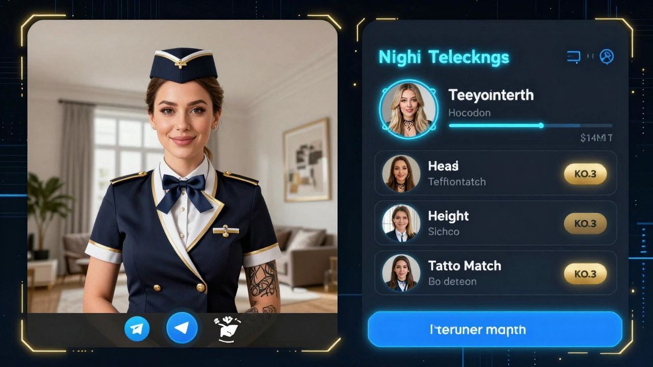 A digital interface showing a Telegram video call and an AI matchmaking app filtering escort preferences with glowing UI elements.
