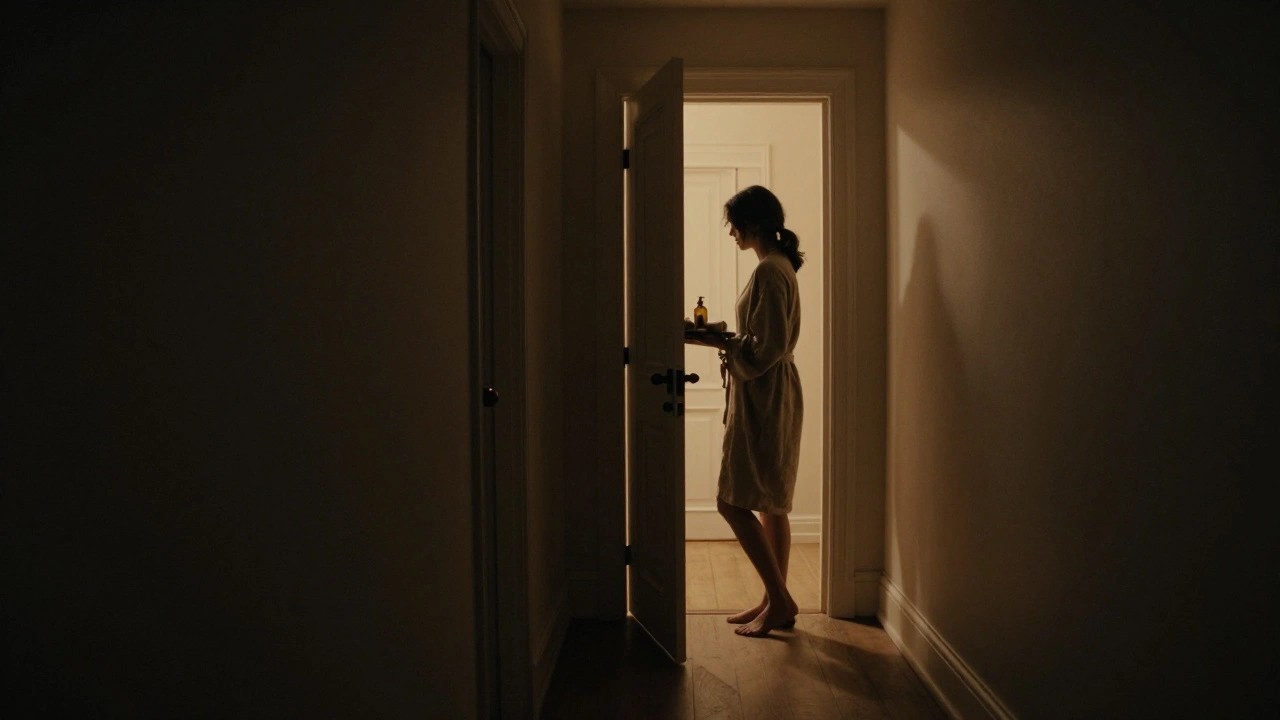 A dimly lit hallway in an East London home, a woman's silhouette holding a tray of massage oils outside a softly lit doorway.