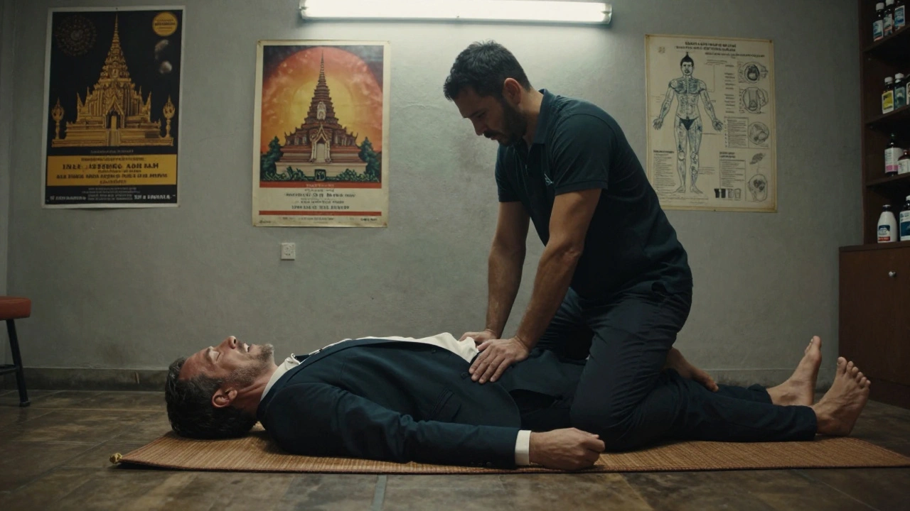 A London therapist in a modest backroom applying Thai massage with feet and elbows to a suited client.