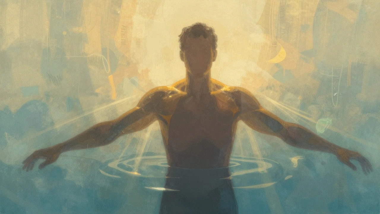 A man's silhouette dissolving into golden light as stress lines fade away, symbolizing deep relaxation and release.