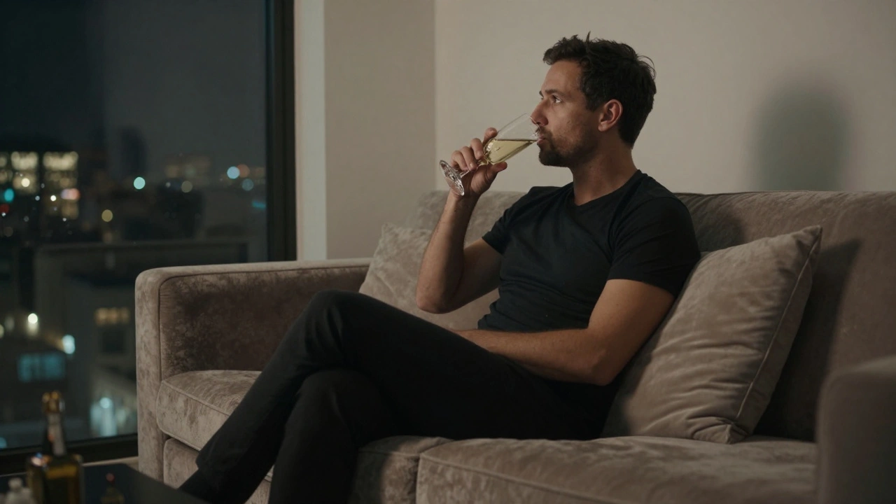 A man alone in a penthouse, sipping champagne, a pillow beside him — quiet, reflective, and emotionally resonant atmosphere.