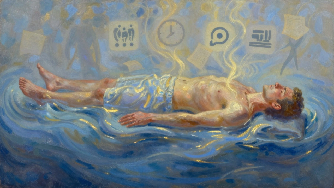 A man dissolving into light after a massage, tension melting away as stress symbols fade, dreamy impressionistic style.
